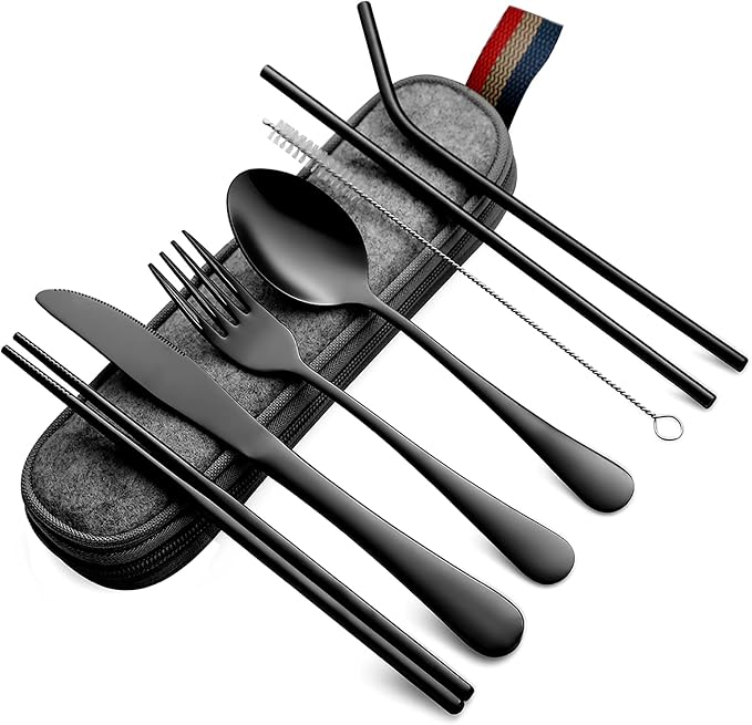 DEVICO Camping Utensils, Full-Size Travel Silverware Set with Case for Work | 8Pcs Stainless Steel Travel Cutlery Set, Portable Metal Straws Chopsticks Fork Spoon Knife Set for Lunch Box/School, Black