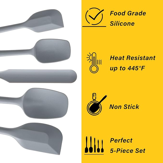 Silicone Spatula Set,5 Piece Food Grade Rubber Spatulas,Grey | Spatulas Silicone Heat Resistant for Baking,Cooking,and Mixing High Heat Resistant Non Stick Dishwasher Safe BPA-Free