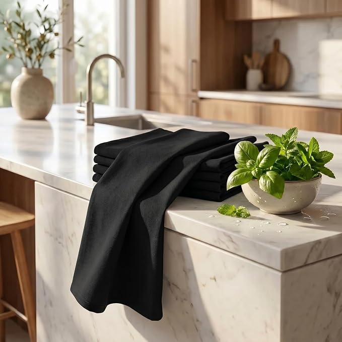 Urban Villa Kitchen Towels Cotton Dish Towels 20”x30” (Set of 6) Black