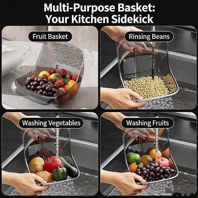 2 in 1 Rice Washer, Colander Strainer Baskets, 3 Pack Color Mixing | Double-sided filter, Food Grade PET, Fruit Vegetable Soak Drain, Multipurpose Kitchen Countertop Draining Bowl