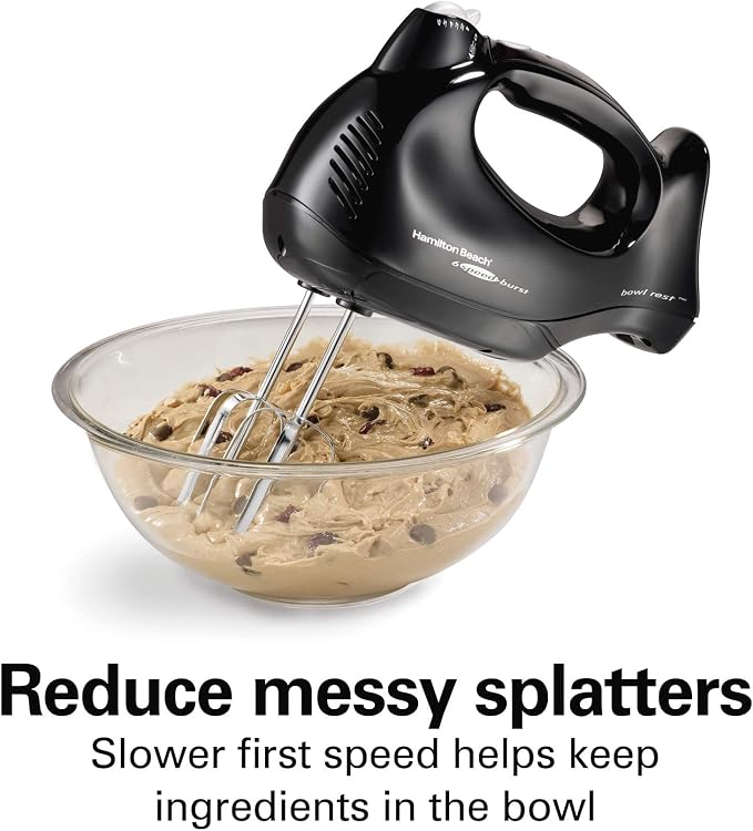 Hamilton Beach Power Deluxe 6-Speed Electric Hand Mixer With QuickBurst | Powerful 250 Watt Motor | Traditional Beaters | Whisk | Snap-On Storage Case | Bowl Rest | Black | 62692