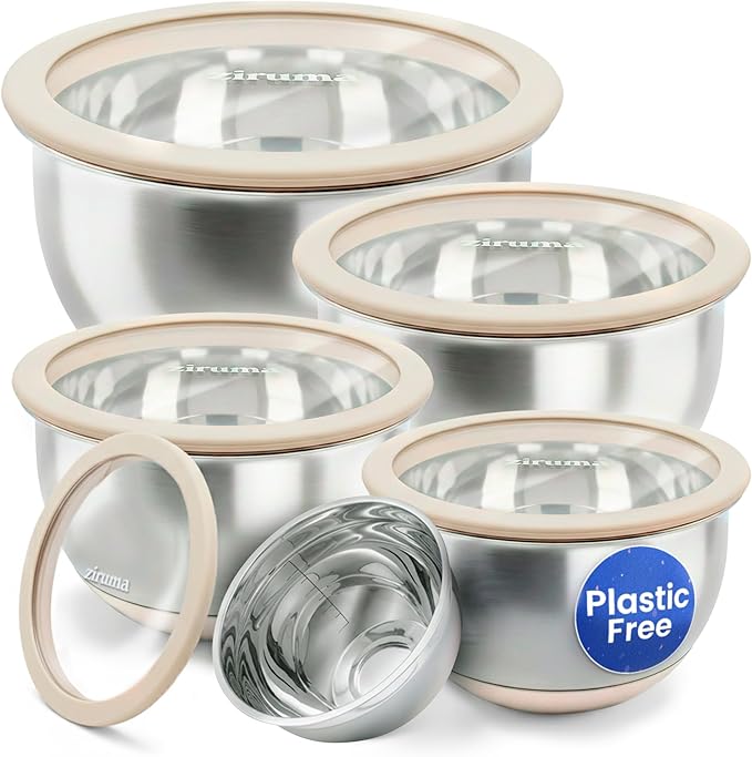 Non-Toxic Stainless Steel Mixing Bowls, Glass Lids, Plastic Free, 5-Pcs | LFGB platinum silicone seal. Keeps food fresh longer. Airtight. Non-slip silicone base. Dishwasher safe. Measurement marks.