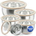 Non-Toxic Stainless Steel Mixing Bowls, Glass Lids, Plastic Free, 5-Pcs | LFGB platinum silicone seal. Keeps food fresh longer. Airtight. Non-slip silicone base. Dishwasher safe. Measurement marks.