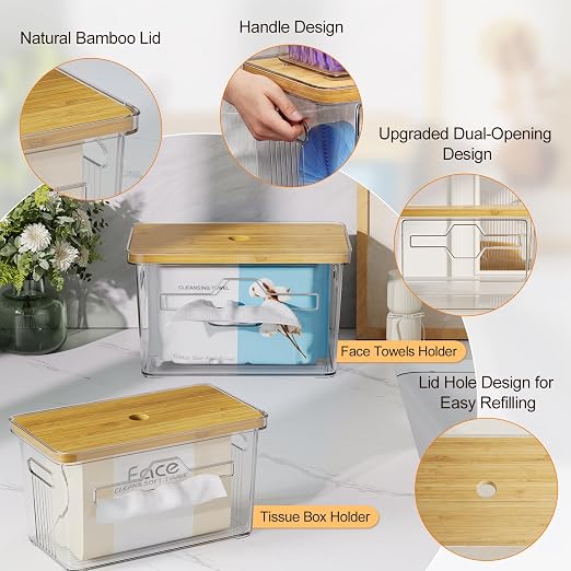 2 Pack Trash Bag Holder with Bamboo Lid, Stackable Acrylic Trash Bag Dispenser Roll Holder Under Sink, Plastic Container Garbage Bags Storage Organizer for Kitchen, Pantry, Laundry Room Organization