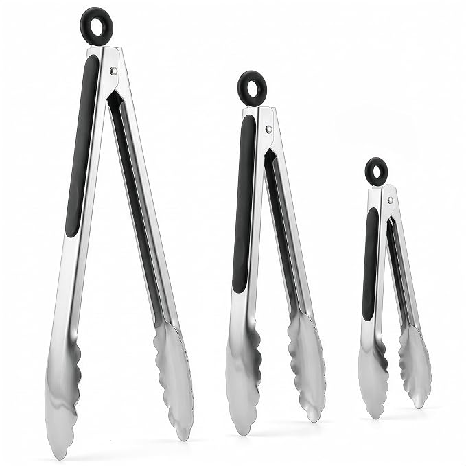 Stainless Steel Kitchen Tongs Set of 3, 7/9/12 Inch, Heavy Duty | Cooking Tongs for BBQ, Grilling, Air Fryer, Serving & Salad; Silicone Grips, Locking Ring, Hanging Loop; Metal Utensil Set