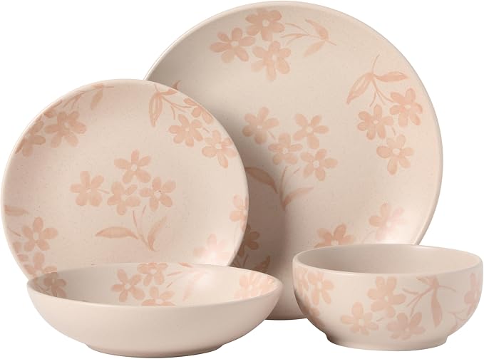Gibson Home Admiral Hall Plates and Bowls Set, 16-Piece Floral Dinnerware Set, Pink Stoneware Dish Set, Dinner Plates, Salad Plates, Pasta Bowls & Cereal Bowls