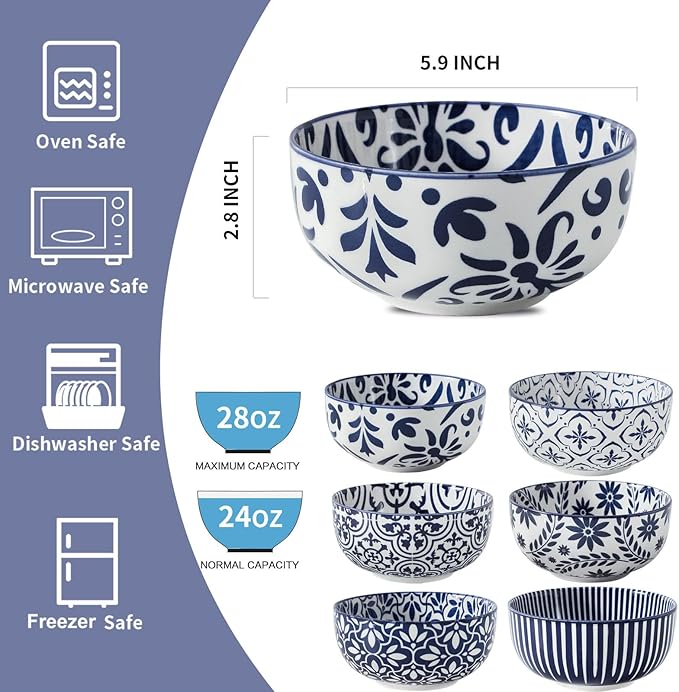 Cereal Bowls, 28 Ounce Ceramic Soup Bowls Set of 6, Large Bowl Set for Rice Salad Fruit Dessert Oatmeal Snack Ice Cream,Microwave & Dishwasher Safe, Blue & White