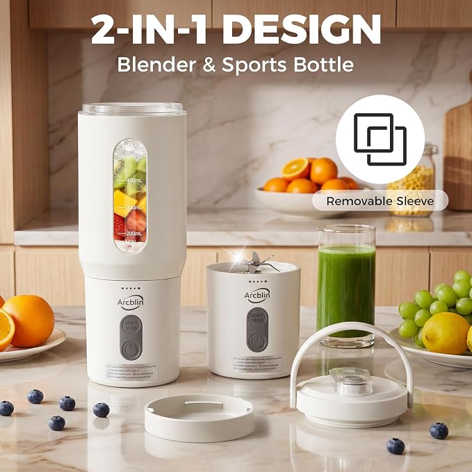 Portable Blender Shakes & Smoothies, Small Personal Blender, White | 17oz Detachable To-Go Cup, Carry Handle, USB-C Rechargeable, 6-Leaf Stainless Blades, Auto-Shutoff, BPA-Free, Hand Wash