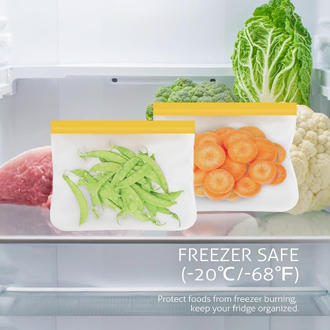 10 Pack Reusable Gallon Freezer Bags, Orange | Dishwasher Safe Silicone Food Snack Storage Bags with 3 Sizes for Snack, Sandwich, Lunch