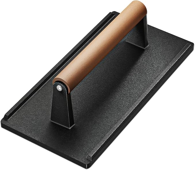 Yoehka Cast Iron Grill Press, 1Pcs Heavy Duty Bacon Press with Wood Handle | Cooking Weight, For Burger/Steak/Meat/Sandwich/Panini, Griddle/Chef Press, Rectangle,