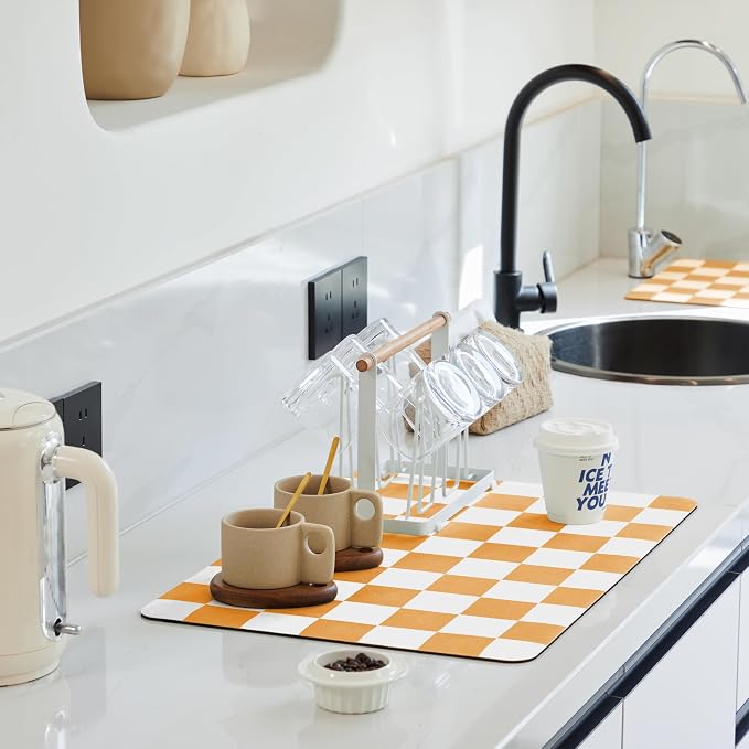 Ohocut Checkered Dish Drying Mat for Kitchen Counter, Coffee Bar Station Accessories, Retro Cute Fall Aesthetic Modern Absorbent Drainer Mat Kitchen Drying Mat Easy Clean, Orange 12" x 19"
