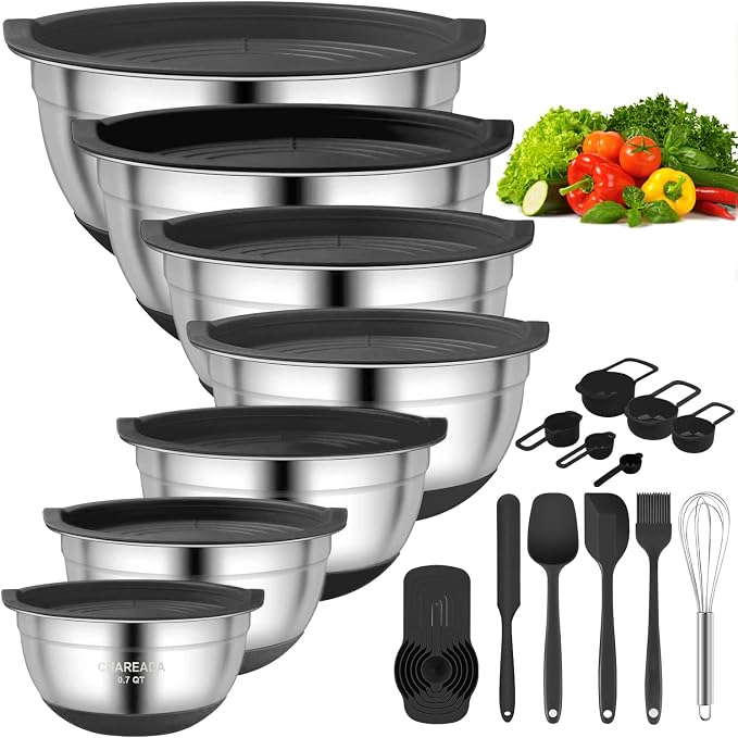 Mixing Bowls with Airtight Lids, 18pcs Stainless Steel Mixing Bowls Set | Nesting Non-slip Silicone Bowls Bottom, Size 4.5, 3.6, 2.7, 2.1, 1.7, 1.1, 0.7 qt, Fit for Mixing & Serving(Black)