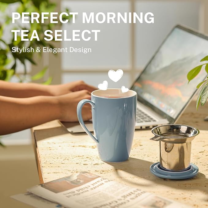 Sweese 15 OZ Porcelain Tea Mug with Infuser and Lid, Loose Leaf Tea Cup, Gifts for Tea Lover, Bluish Grey