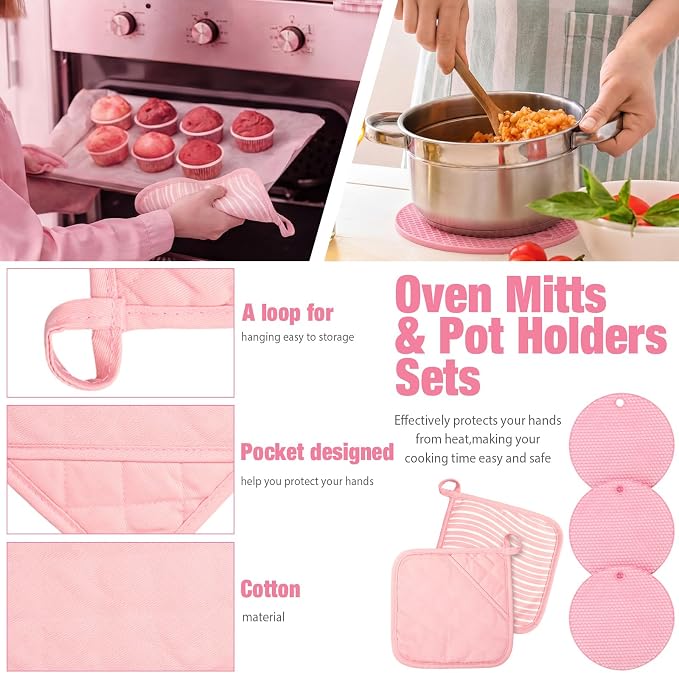 Pink Oven Mitts and Pot Holders 7 Sets, Pink, Rubber Cotton, Stripes | Heat Resistant Kitchen Gloves, Pads Pot Holders for Women, Chritsmas Gifts Kitchen Accessories Gift