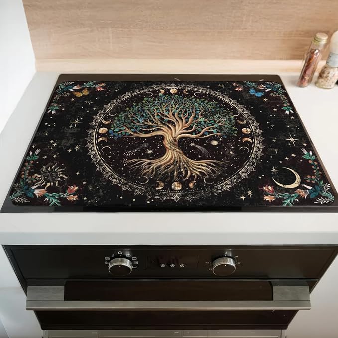 Boho Glass Stove Top Cover for Electric Stoves,Moon Phase Tree of Life Botanical Floral Stove Top Cover for Kitchen Decor,Heat Resistant Cooktop Protector Mat,Non-Slip Washable Dish Drying Mat 28"x20"
