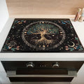 Boho Glass Stove Top Cover for Electric Stoves,Moon Phase Tree of Life Botanical Floral Stove Top Cover for Kitchen Decor,Heat Resistant Cooktop Protector Mat,Non-Slip Washable Dish Drying Mat 28"x20"