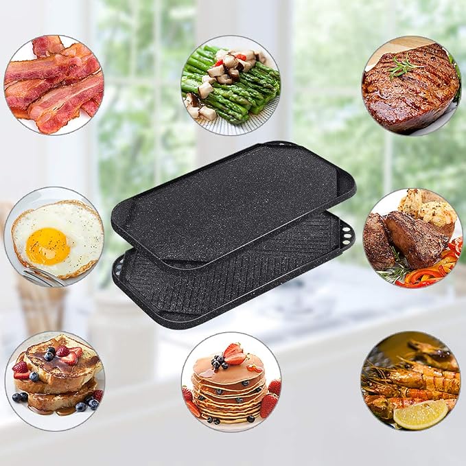 SENSARTE Nonstick Griddle Grill Pan, Pro-Grid Reversible Grill & Griddle Pan, Two Burner Cast Aluminum, Portable for Indoor Stovetop or Outdoor Camping BBQ, 19.5" x 10.7"