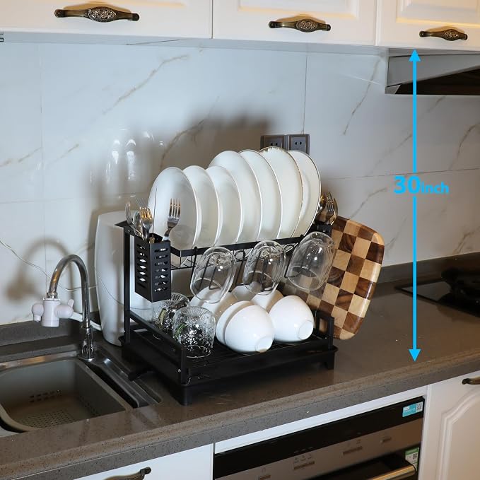 Dish Drying Rack: 2 Tier Dish Racks for Kitchen Counter and Sink | Large Dish Drying Rack with Drainboard & Utensil Holders - Stainless Steel Dish Drainers Kitchen Organization and Storage