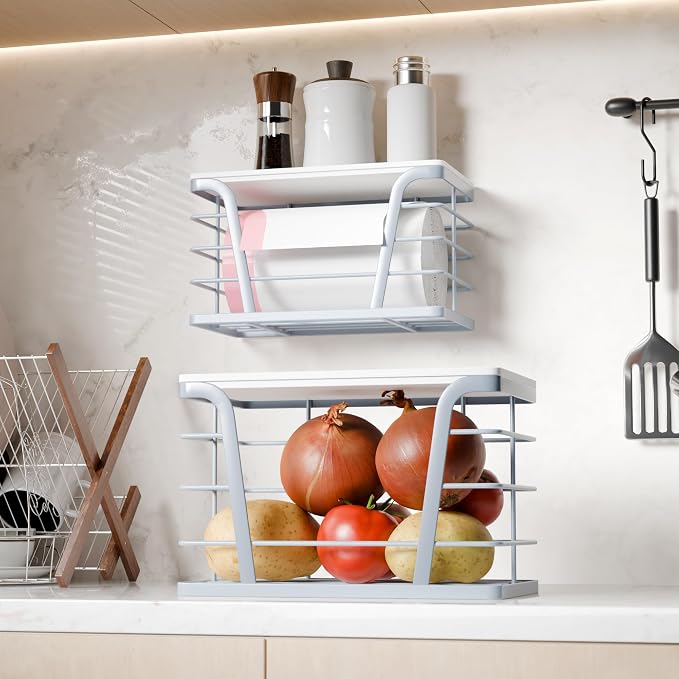 TIDIIABODE 2 Pack Gray Trash Bag Organizer for Kitchen and Pantry, Upgraded Stackable Metal Garbage Bag Holder with Bamboo Top, Modern Under Sink Storage Dispenser for Laundry Room, Garage