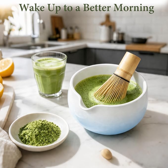 Matcha Whisk Set, Ceramic Matcha Set Includes Bowl & Holder, Bamboo Whisk (Chasen), Scoop, Spoon and Sifter, 6Pcs Matcha Kit Covers Everything Needed for Making Matcha (Blue)