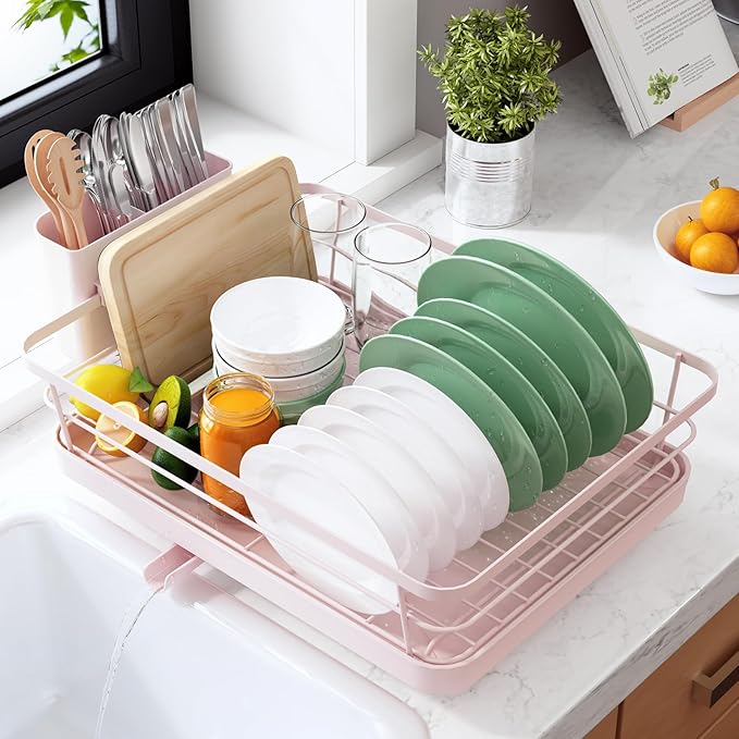 Kitsure Dish Drying Rack for Kitchen Counter, 12''W x 15.5''L, Pink | Stainless Steel Sink Organization, Cutlery Holder, Home and Appartment Decor