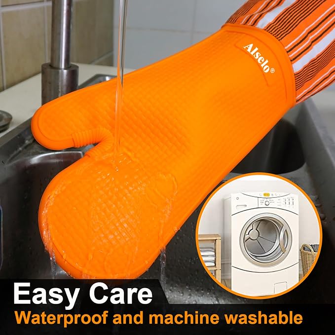 Alselo Silicone Oven Mitts Set, Heat Resistant 550 Degree,7.5"x16" | Extra Long Kitchen Mittens,Waterproof & Non-Silp Oven gloves for Baking Cooking Barbecue Microwave (Extre long Orange, 2)
