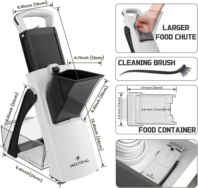 ONCE FOR ALL Safe Mandoline Slicer Plus, Bigger Size, Potato Slicer, Black | 0.1-8mm Adjustable Vegetable Food Chopper, Kitchen Mandoline Slicer Stainless Steel, Detachable Blade, Dishwasher-safe, Gift