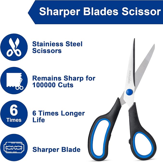 Scissors, BOOMIBOO 8" All Purpose 24 Pack - Comfort-Grip Scissors for Office Desk Accessories Sewing Fabric Home Craft School Supplies, Teacher/Class Supplies, Right/Left Handles