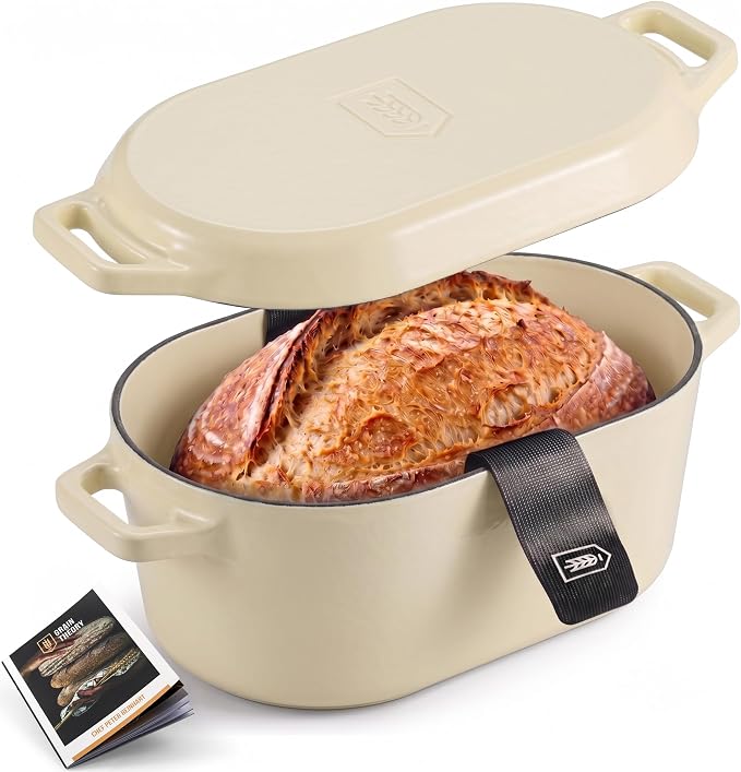 Kook Oval Dutch Oven, for Bread Baking, Sourdough Loaf Pan, Dual Handles, Enameled Cast Iron, with Sling, Dishwasher Safe, 3.4 Qt, Ivory