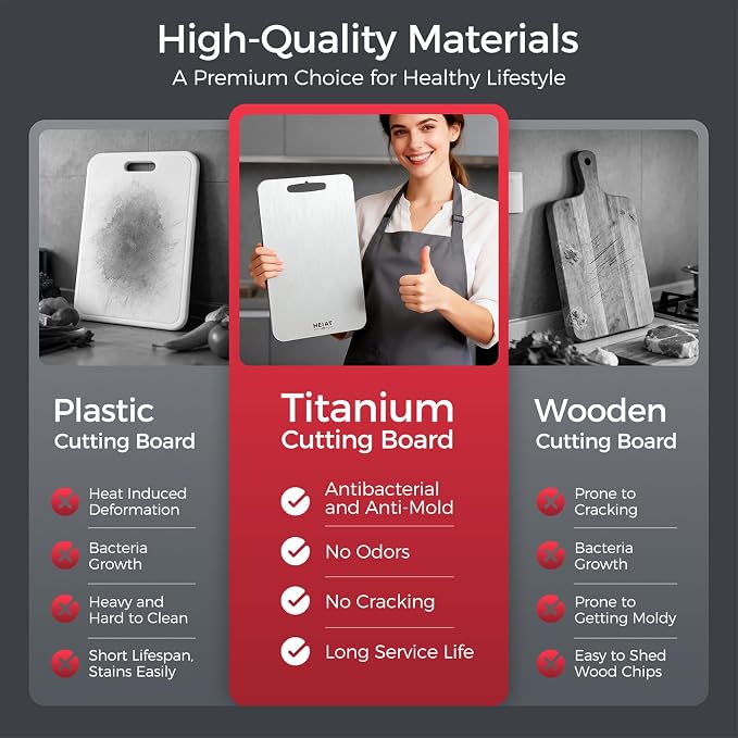 100% Pure Titanium Cutting Board Set of 3, Titanium Cutting Boards for Kitchen,Double-Sided Chopping Boards for Raw & Cooked Food, Non-Toxic, Handles Included, Dishwasher Safe(M+L+XL)