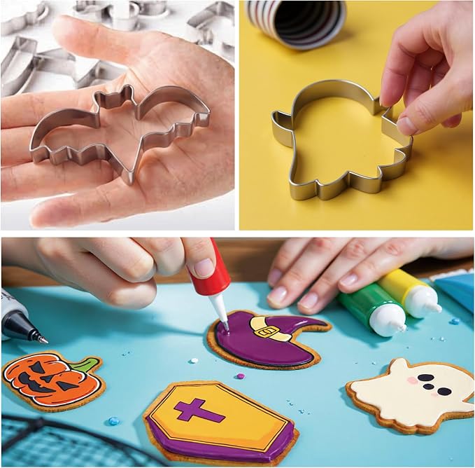 OHOME 9 PCS Halloween Cookie Cutters Kit Halloween Party Favors - Shaped in Bat Ghost Cat Pumpkin Coffin | Stainless Steel Halloween Party Decorations Food Baking Supplies for Kitchen