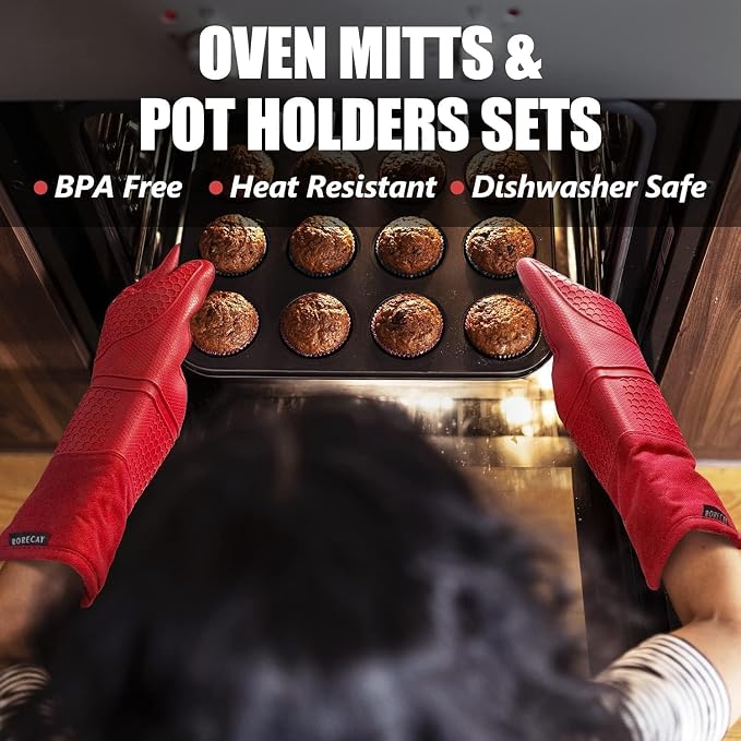 RORECAY Silicone Oven Mitts and Pot Holders Sets, Gloves for Kitchen, Red | Set of 6 Kitchen Mitts for Baking & Cooking, Heat Resistant 500 ℉, 15" Extra Long, Non-Slip & Waterproof, Quilted Cotton