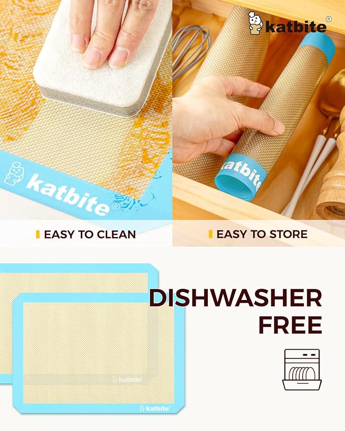 Katbite Silicone Baking Mat Set of 3 Light Blue | 2 Half Sheets Mats + 1 Quarter Baking Sheet, Reusable & Nonstick Bakeware Mats for Cookies, Macarons, Bread