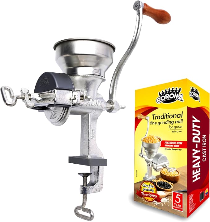 Corona Manual Grain Mill, Cast Iron Corn Grinder with Hand Crank for Corn, Wheat, Rice, Coffee & Spices, Adjustable Flour Mill for Home Kitchen Use