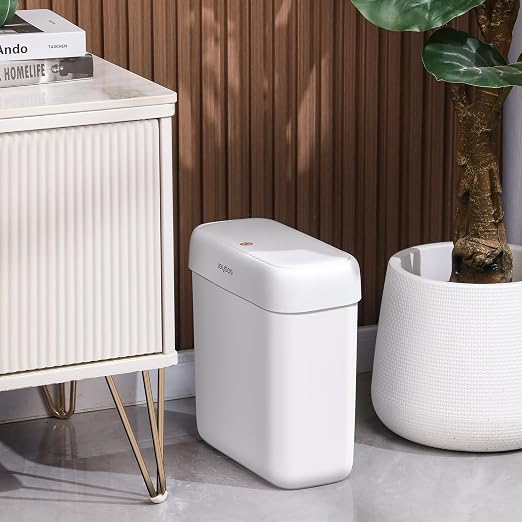 JOYBOS Bathroom Trash Can with Lid, 3 Gallon Small Garbage Can, 10L Dogproof Slim Plastic Narrow Trash Bin with Pop-up Lid for Toilet, Office, Bedroom, Living Room, White