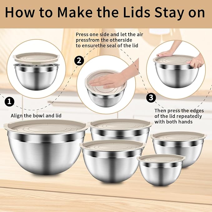 Mixing Bowls with Airtight Lids Set, 5 PCS Stainless Steel Khaki | Nesting Storage Bowls for Kitchen, Large Prep Metal Bowl , 5.5/4/3.5/2/1.5 QT for Mixing, Serving & Backing, Dishwasher Safe
