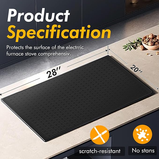 Stove Top Covers for Electric Stove (28”x20”), Silicone Stove Mat for Glass Top Stove, XL Stove Cover for Induction Cooktop, Induction Cooktop Protector, Dishwasher-Safe Drying Mat for Kitchen Counter