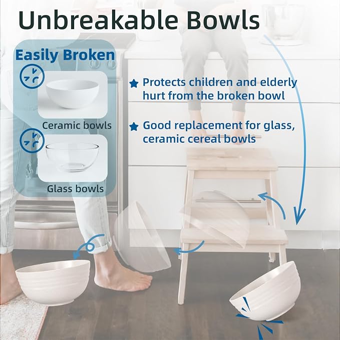Homestockplus [Non Ceramic] 34 Oz Big Bowls， Soup Bowls BPA-Free Dishwasher & Microwave Safe Bowl Sets for Cereal, Salad, Soup, Ramen,Noodle,Oatmeal,Snack Apply to Kitchen, Freezer【Set of 6】