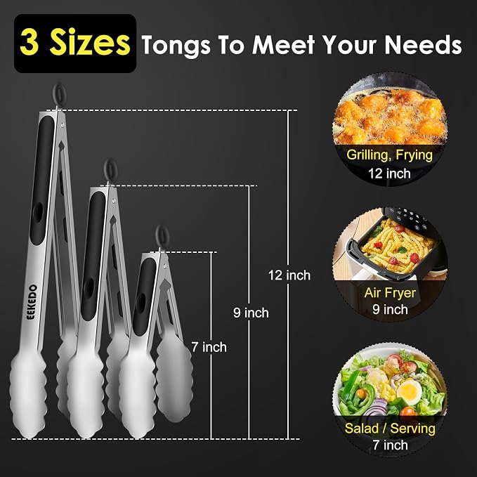 Metal Tongs for Cooking, Heat Resistant 600 Degrees - 7", 9" and 12" | Set of 3 Stainless Steel Kitchen Tongs with Silicone Handle, Locking Tongs for BBQ, Grilling, Serving, Salad, Dishwasher