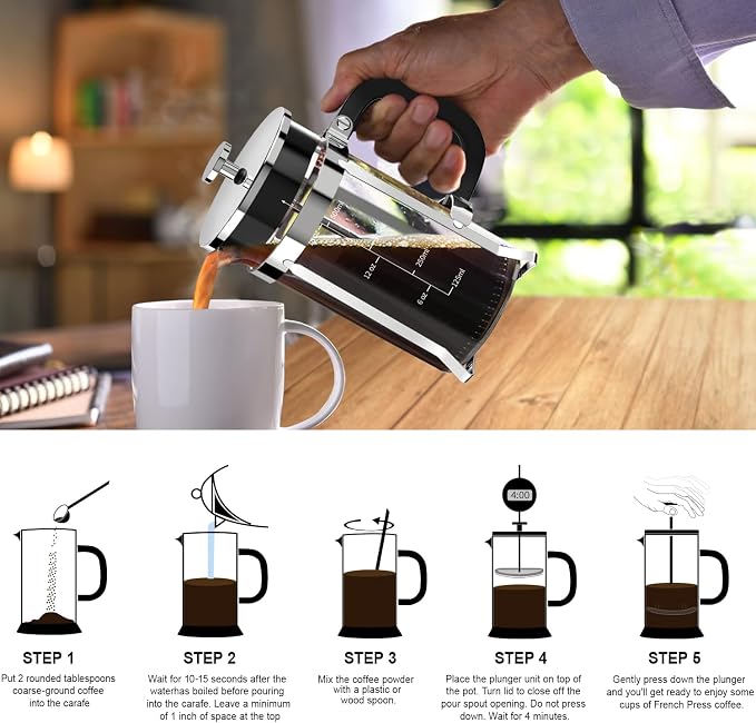 QUQIYSO French Press Coffee Maker 21oz,Borosilicate Glass Coffee Press | Thickened Glass Stainless Steel Coffee French Press,Easy to Clean,4 Filter Suitable for Kitchen Party Camping Gifts(Silver)