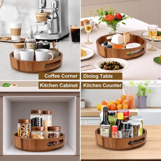 Wooden Lazy Susan – 10 in Acacia Wood Turntable Organizer for Cabinet，Multi-Purpose Home Decor Rotating Tray for Bathroom Accessories, Bedroom Makeup Organizer & Countertop Storage