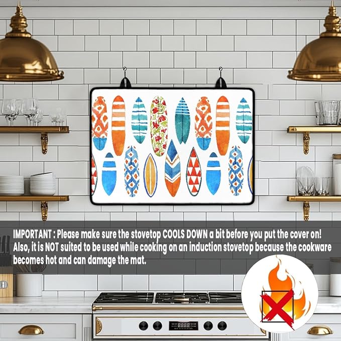 Wave Watercolor Surfboard Stove Top Covers for Electric Stove, Summer Beach Stylish Glass Stovetop Cover with Lanyard Surfboards Pattern Countertop Protector Mat for Kitchen 28 x 20 Inch