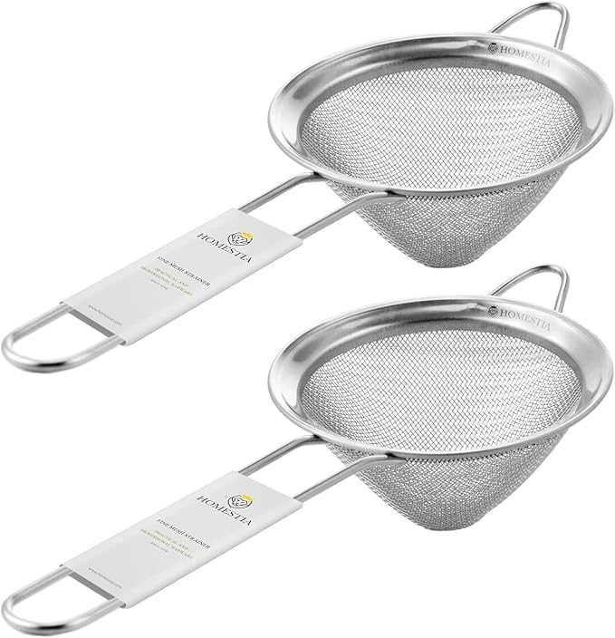 Homestia 2 Piece 3.3" Fine Mesh Strainer for Kitchen, 304 Stainless Steel Cocktail Sieve Sifters for Food, Liquid Strainer for Drinks, Tea, Coffee, Juice, Flour, Fruits, Vegetables (Silver, 2 Pack)