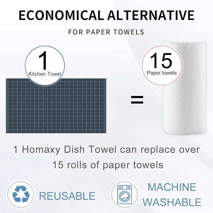 Homaxy Kitchen Towels and Dishcloths Set, Set of 10, Dark Grey | Bulk Cotton Terry Kitchen Towels, Checkered Designed, Soft and Super Absorbent Dish Towels, 12 x 12 and 13 x 28 Inches