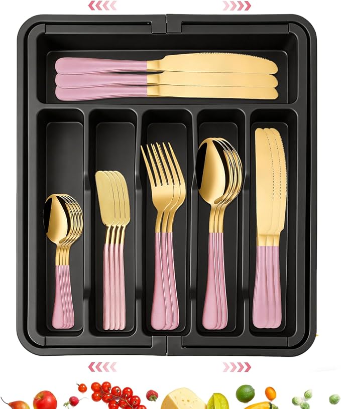 30 Pieces Silverware Set with Organizer, Stainless Steel Cutlery Set Flatware Set for 6 Person, Tableware Set Includes Dinner Knives Forks Spoons Teaspoons Butter Knives (Pink Gold-30PCS)