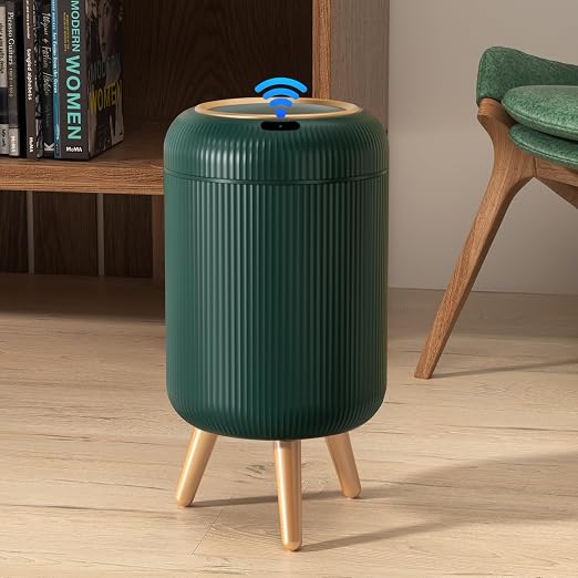 Bathroom Trash Can Automatic Touchless,Gold Green Small Garbage Can | 3 Gallon Smart Sensor Trash Bin,Plastic Waste basket with Lid and Legs Touchless Trash Bin for Kitchen,Bedroom,Toilet,Office