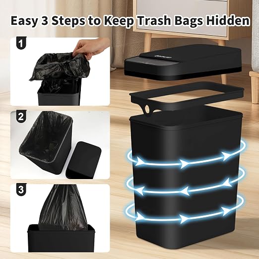 3 Pack Bathroom Trash Can with Lid, 2.5 Gallon Small Slim Trashcan, Automatic Trash Can Touchless, Motion Sensor Waterproof Plastic Trash Bin for Bedroom Kitchen Office Living Room (Black)