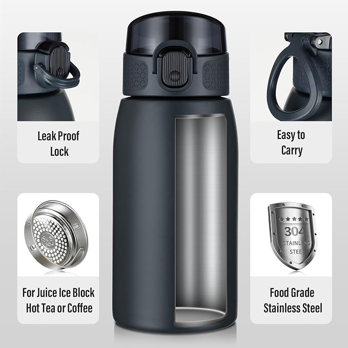 Insulated Water Bottle 12 oz with Dustproof Lid, Carry Handle & Tea Infuser, BPA-Free & Leakproof, Stainless Steel Water Bottles Ideal for Fitness, Hiking, Office & Outdoor Use （Cold Gray ）
