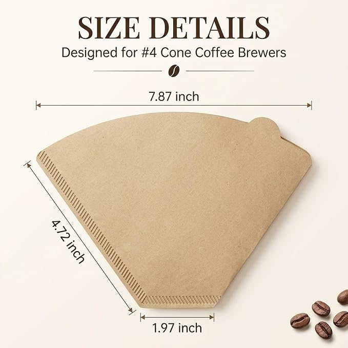 100 Count Coffee Filters #4 Cone, Unbleached Paper for 8-12 Cup Brewers | 100 count value, #4 Size, Unbleached Paper, Fine Filtration, Smooth Brew, Drip & Pour Over Compatible