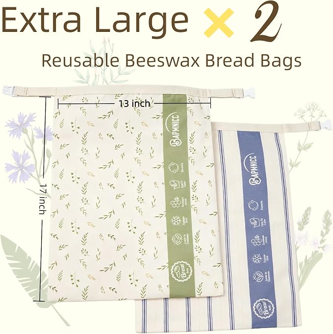 2 Pack Beeswax Sourdough Bread Bags for Homemade Bread, XL | Reusable Organic Beeswax Linen Cotton Sourdough Bag, Keep Loaves Fresh Longer, Homesteading Essentials